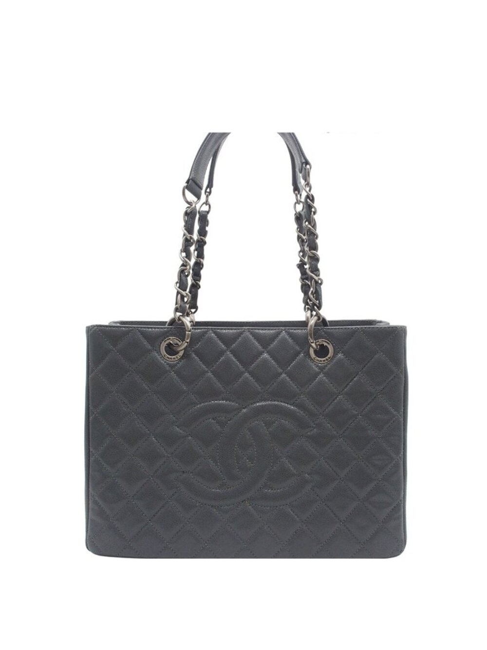 Chanel Grand Shopping Tote Bag GST Quilted Gray Silver Caviar Leather